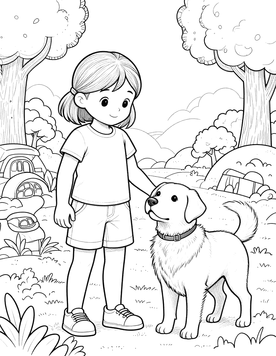 Kleurplaat van een meisje dat een hond aait in een park met bomen en struiken