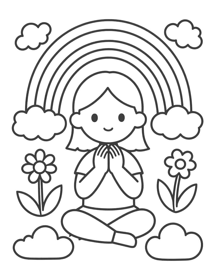 Kleurplaat van een meisje met gevouwen handen dat zit onder een regenboog met bloemen en wolken eromheen.