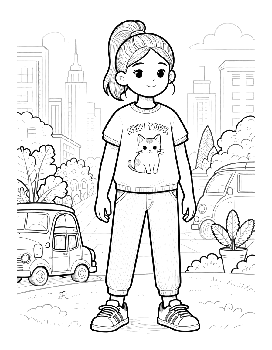 Kleurplaat van een meisje met een hoge paardenstaart in een shirt met een kat en de tekst New York, staand op straat tussen gebouwen en auto's.