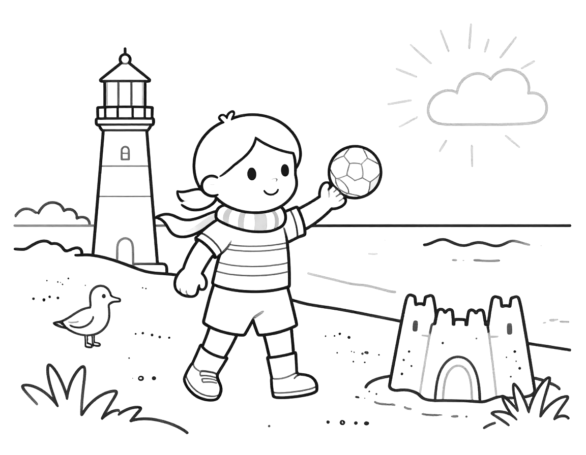 Kleurplaat van een meisje in een gestreept voetbalshirt dat een bal hoog houdt op het strand, met een vuurtoren, meeuw en zandkasteel op de achtergrond.