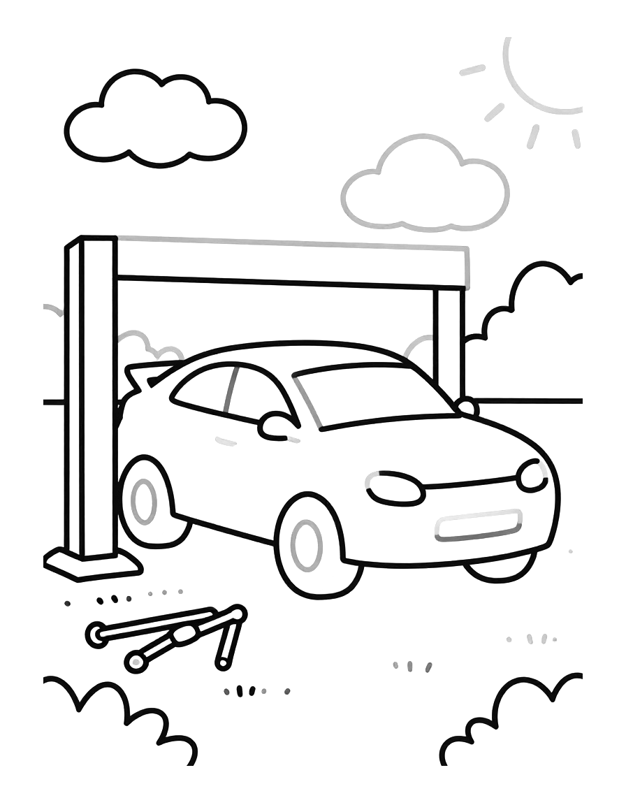 Kleurplaat van een raceauto die door een monteur een garage in wordt geduwd, met gereedschap op de grond en wolken en zon op de achtergrond.