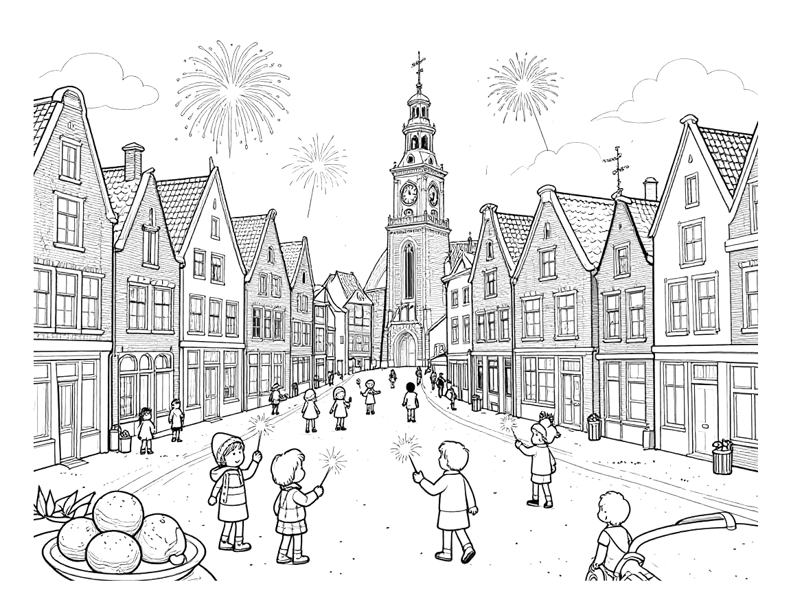 Kleurplaat van een Nederlandse straat met grachtenpanden, een kerktoren, vuurwerk en mensen met sterretjes tijdens oud en nieuw.