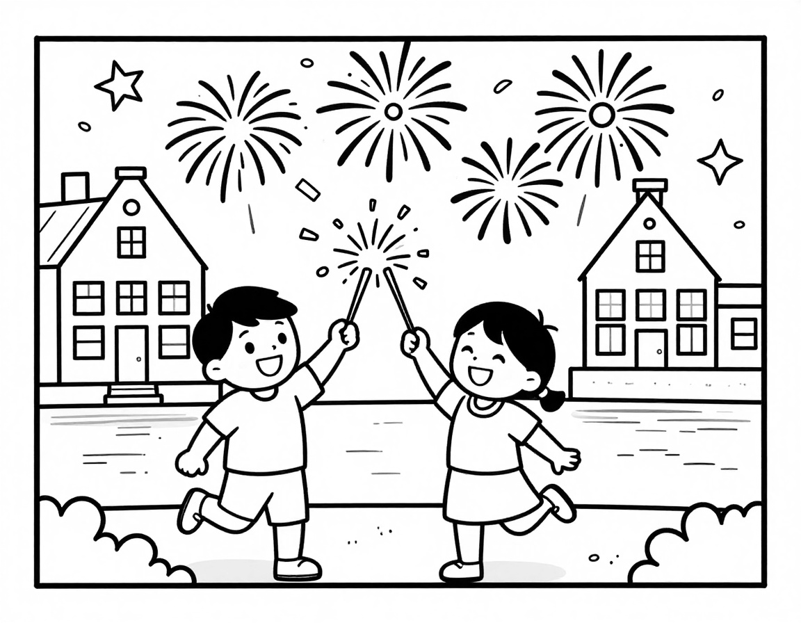 Kleurplaat van twee juichende kinderen met sterretjes in hun handen, met vuurwerk boven Nederlandse grachtenhuizen.