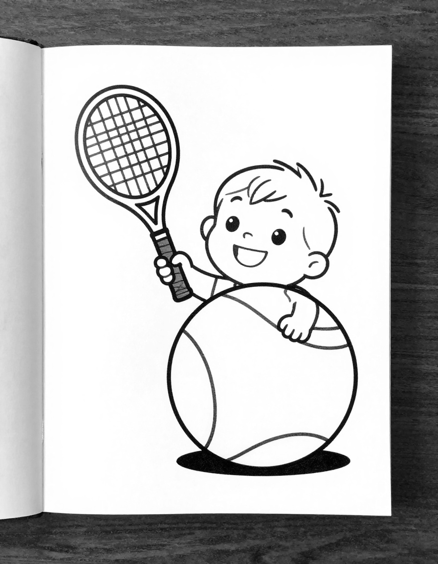 Kleurplaat van een lachende peuter die een groot tennisracket vasthoudt naast een enorme tennisbal