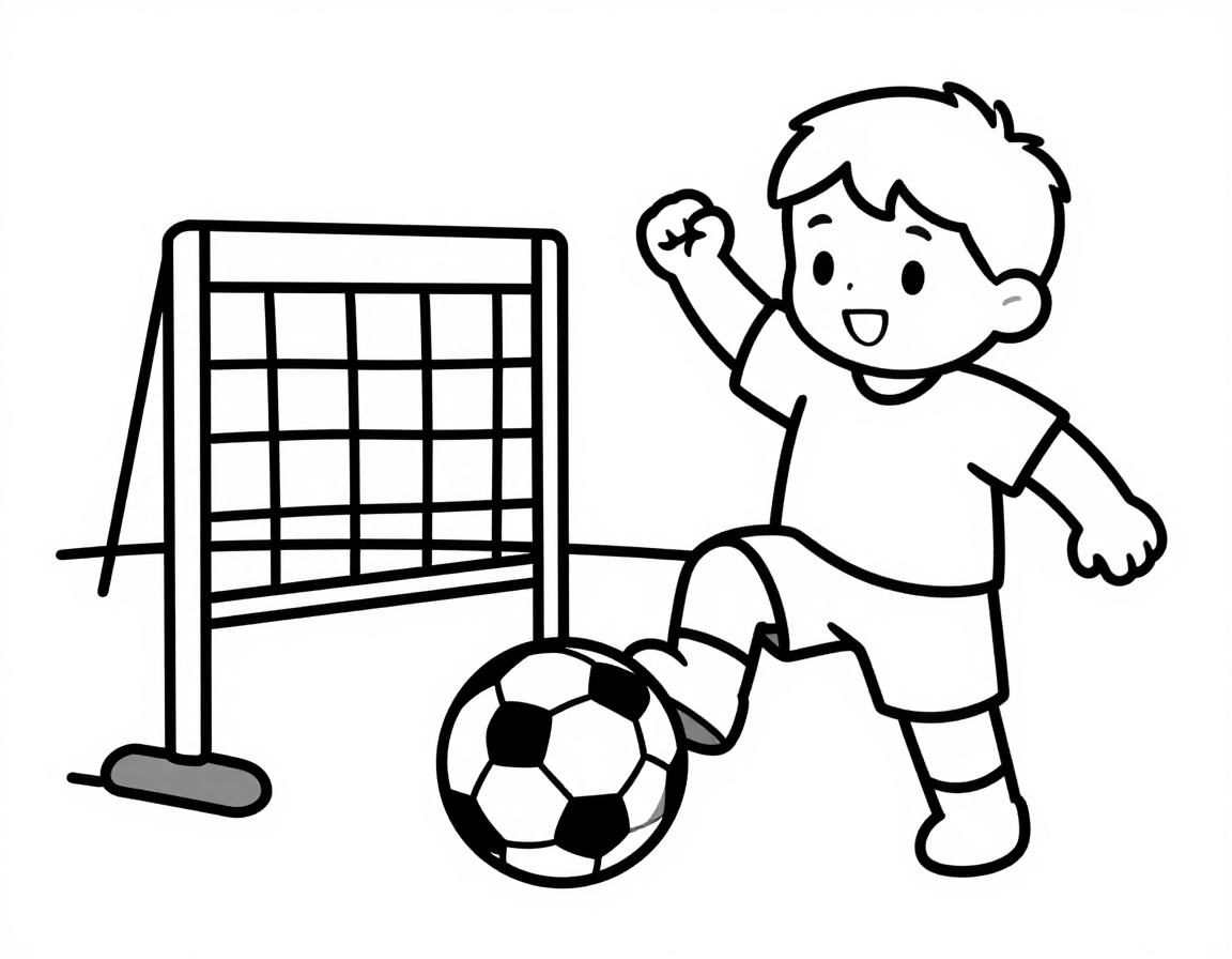 Kleurplaat van een peuter in een voetbalshirt die een grote bal naar een simpel doel schiet op een zonnig veld.