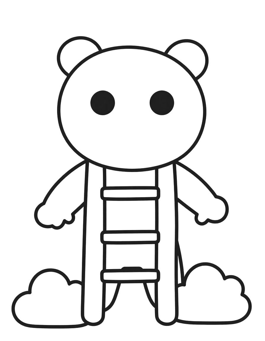 Kleurplaat van een vriendelijke Piet die met een zak op zijn rug een ladder beklimt naar een dak, met wolken aan de voet.