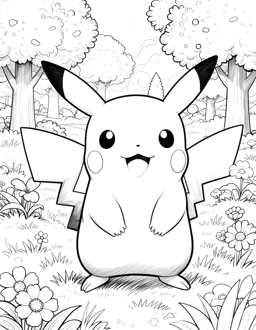 Kleurplaat van Pikachu die blij in een grasveld staat met bloemen en bomen om hem heen.