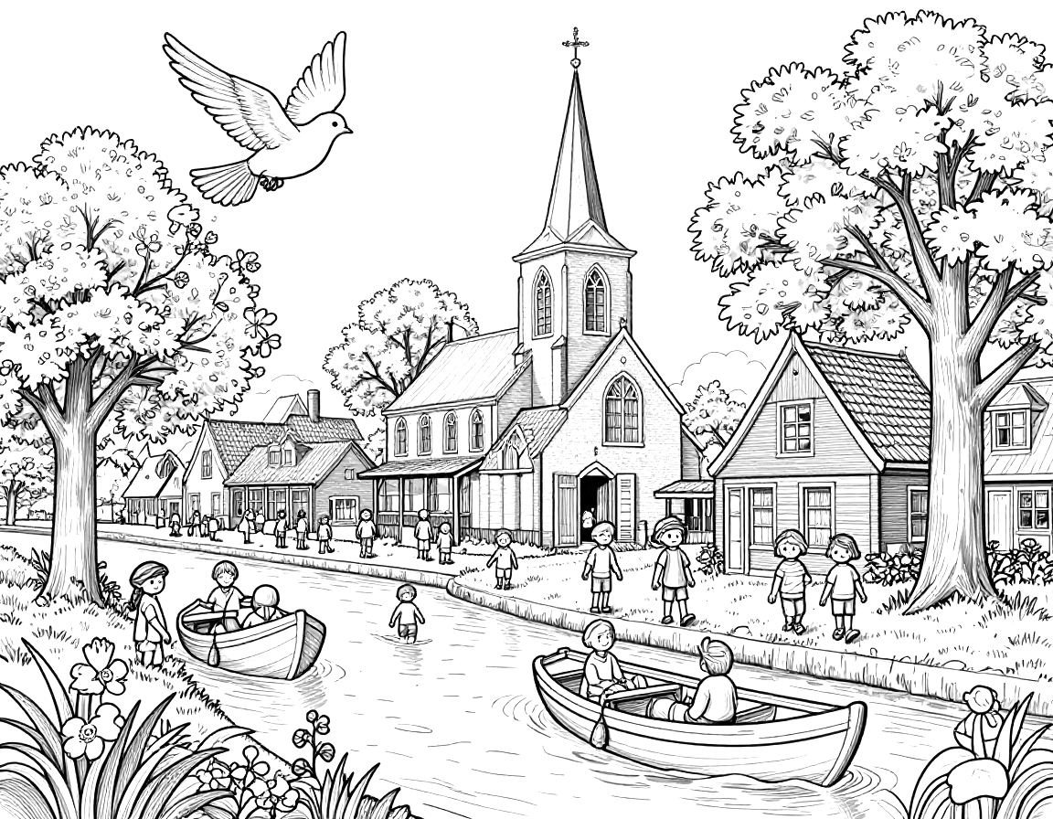 Kleurplaat van een Nederlands dorp op pinksterochtend met een kerk met open deuren, een duif boven bloeiende bomen en mensen in bootjes op de gracht