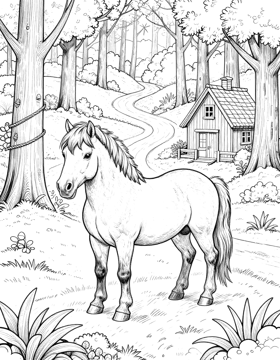 Kleurplaat van een pony op een kronkelend bospad met een klein huisje tussen de bomen