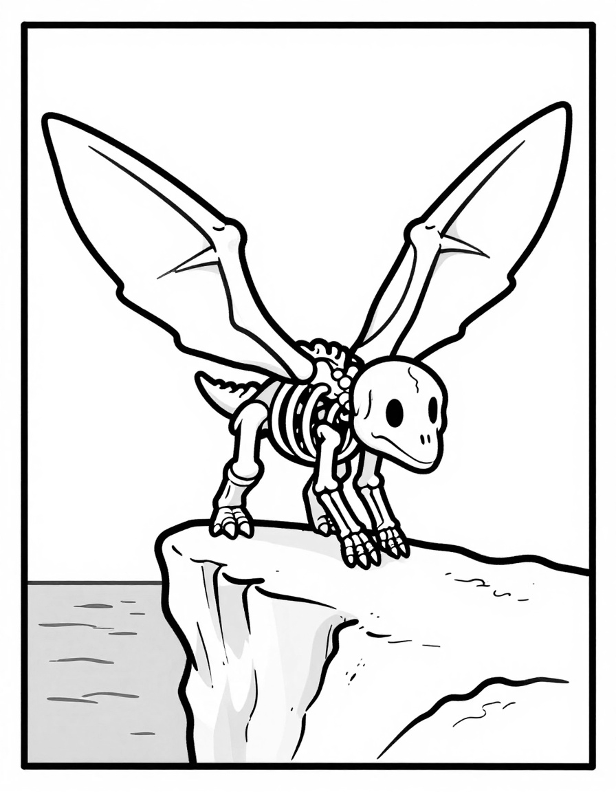 Kleurplaat van een pterodactylus skelet met gespreide vleugelbotten dat op de rand van een klif boven een rustige zee staat.