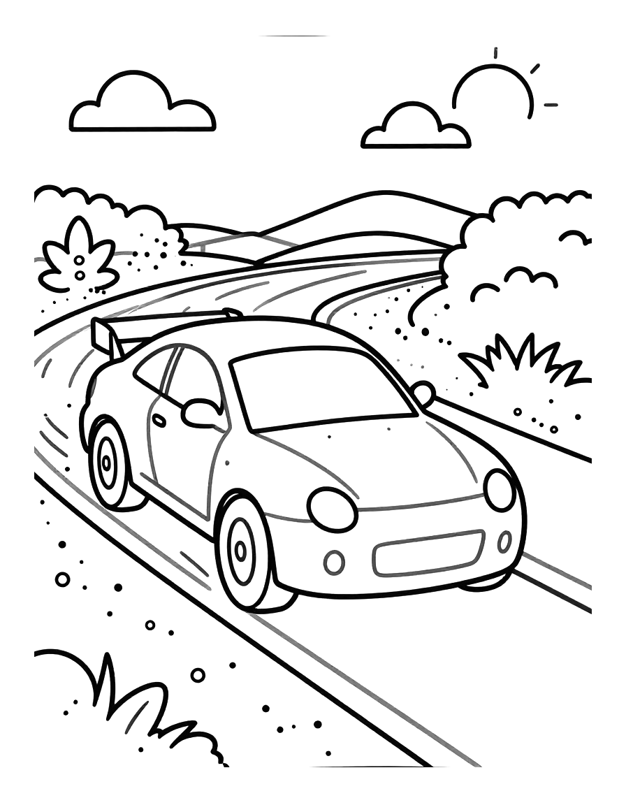 Kleurplaat van een raceauto die met een brede spoiler een haarspeldbocht neemt, met grind en struiken langs de baan.