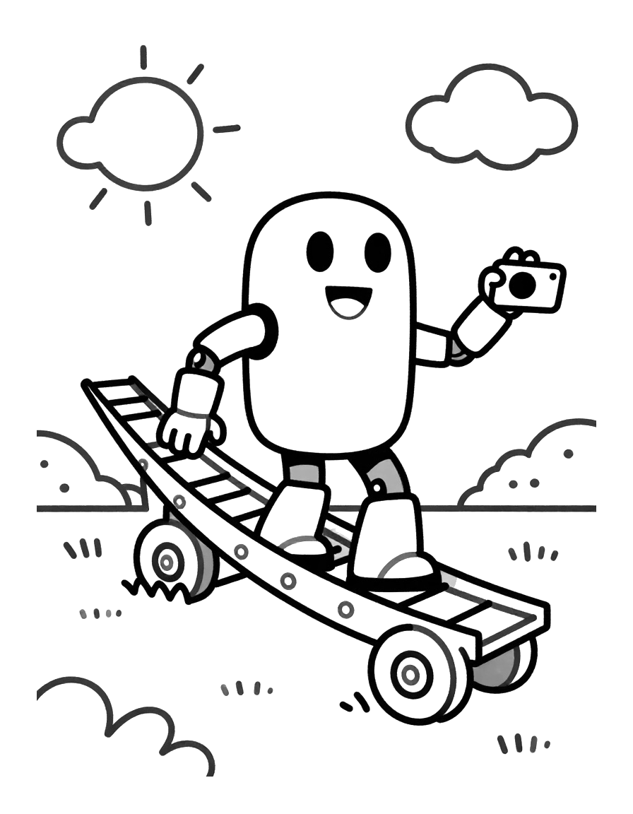 Kleurplaat van een vrolijke robot die op een skateboard staat en met een camera in zijn hand zwaait, met zon en wolken op de achtergrond.