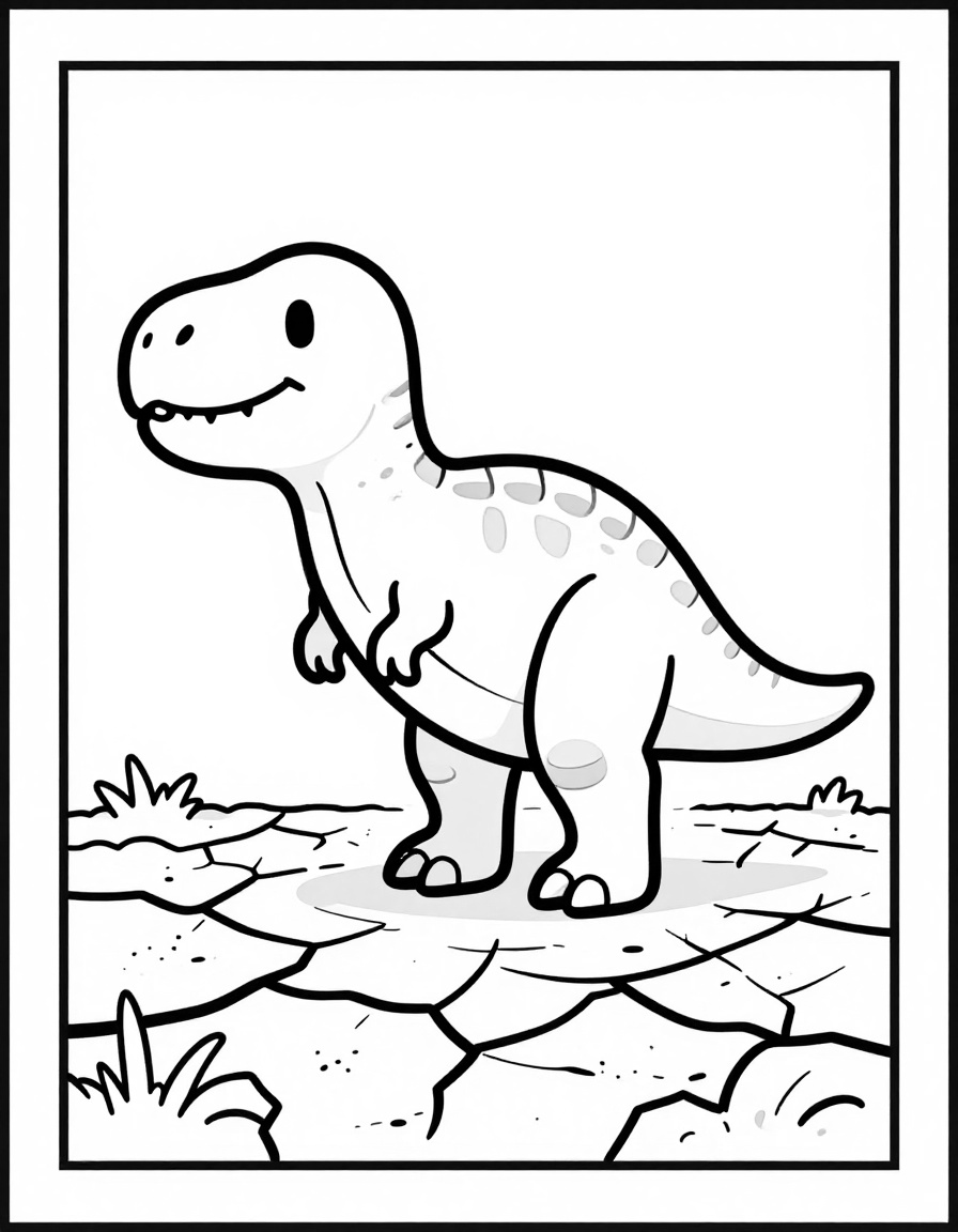 Kleurplaat van een vrolijke T-rex die op een opgedroogde rivierbedding met gebarsten modder staat.