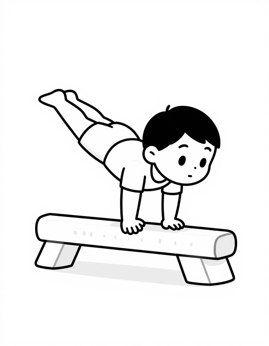 Kleurplaat van een jonge turner die een handstand doet op een lage evenwichtsbalk in een gymzaal.