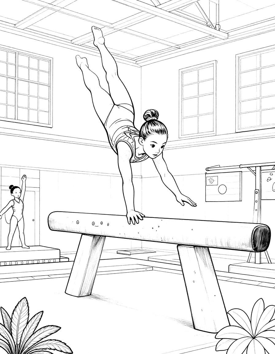 Kleurplaat van een turnster die een handstand met gespreide benen doet op de evenwichtsbalk in een gymzaal met ramen en vlaggen.