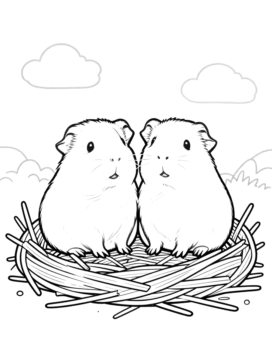Kleurplaat met twee cavia's die dicht tegen elkaar in een nest van stro zitten, met op de achtergrond wolken en graspollen.