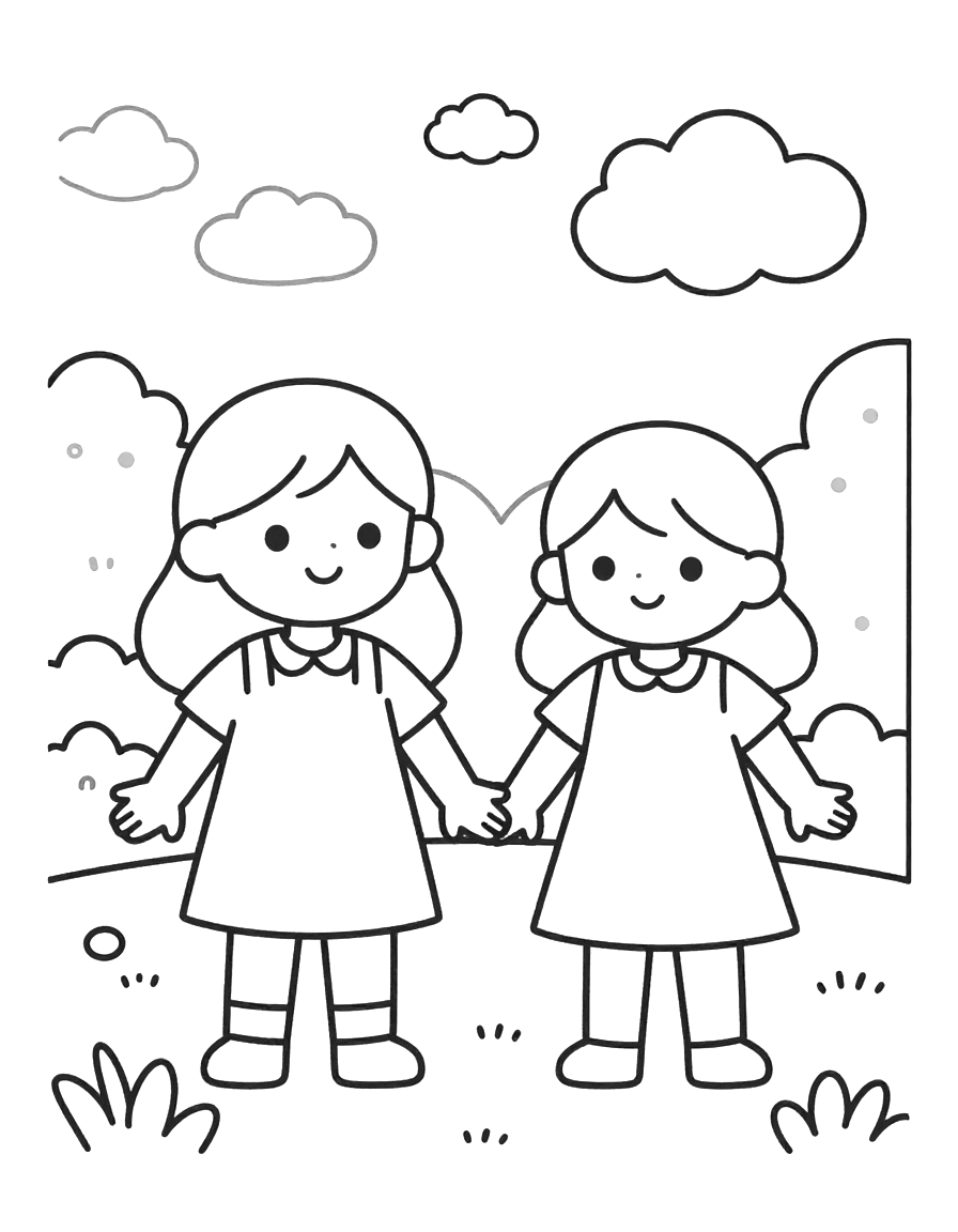 Kleurplaat van twee meisjes die hand in hand naast elkaar lopen in een bos tijdens de herfst, met bomen, struiken en wolken op de achtergrond.