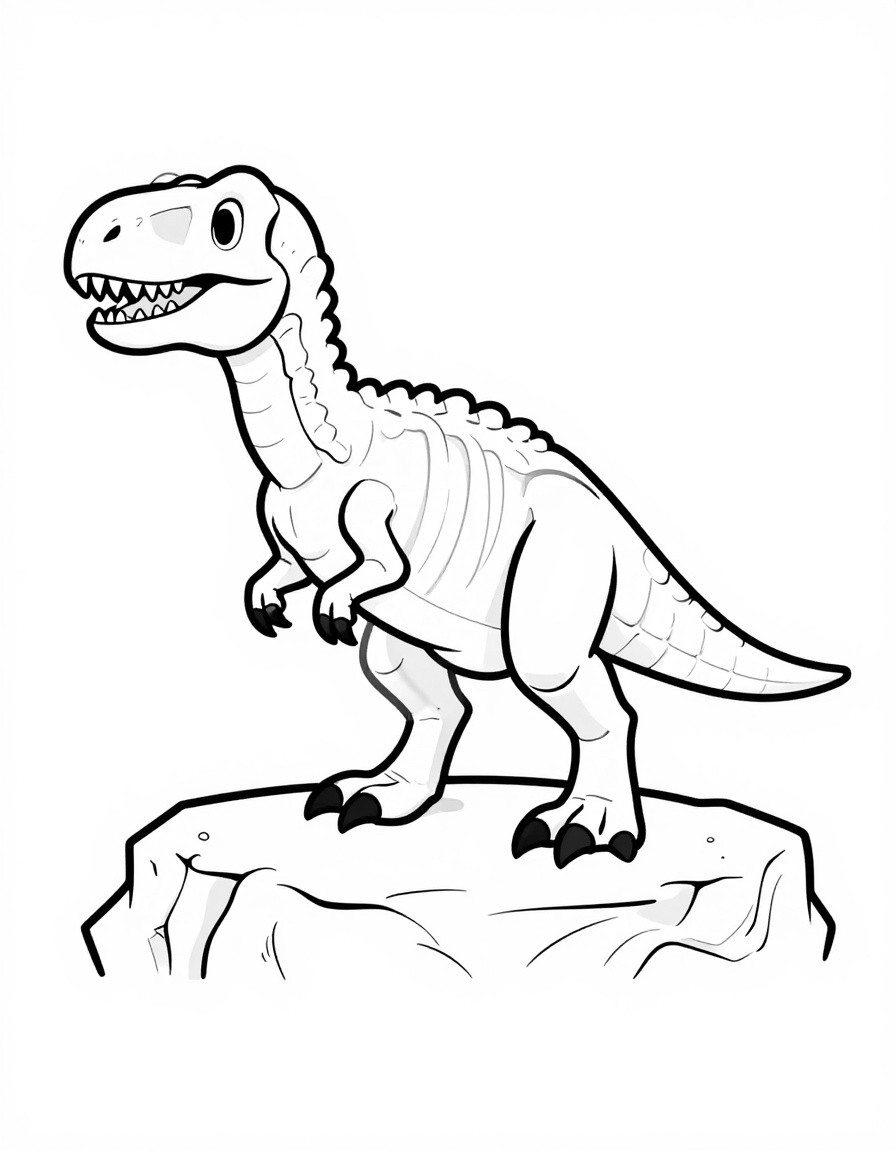 Kleurplaat van een velociraptor die op een rotsplateau staat, met duidelijk zichtbare klauwen en een lange staart.