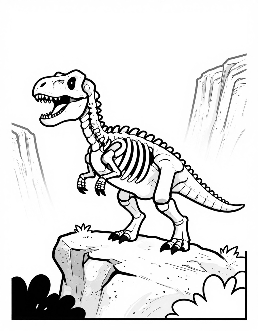 Kleurplaat van een velociraptor skelet dat op een rots boven een mistige canyon hurkt, met struiken en rotswanden op de achtergrond.