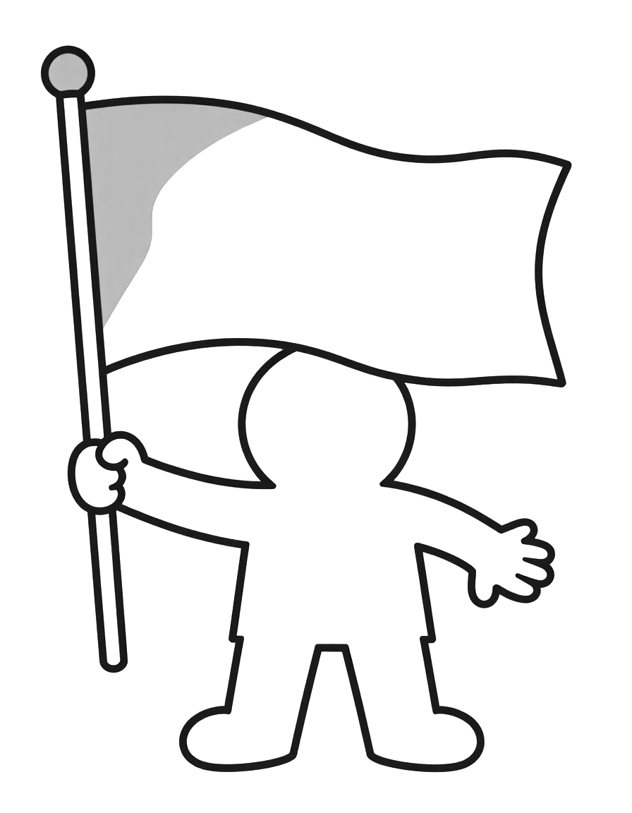 Kleurplaat van een vrolijk figuur dat een vlag aan een korte stok vasthoudt, met een eenvoudige wimpel eraan.