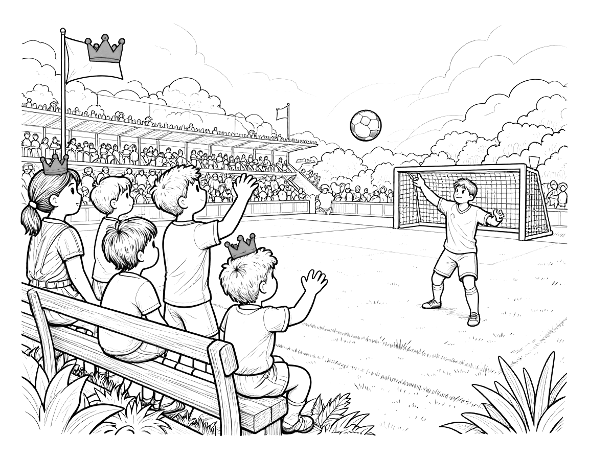 Kleurplaat van een voetbalwedstrijd op Koningsdag met juichende toeschouwers op een tribune, kinderen met oranje kroontjes en een speler die op het doel schiet.