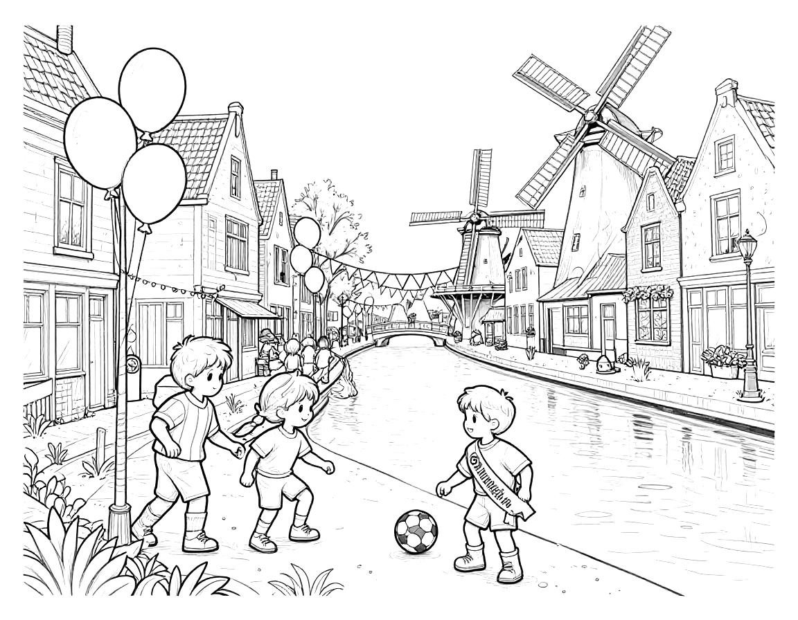 Kleurplaat van kinderen in voetbalkleding die aan een gracht met grachtenpanden, molens, vlaggetjes en ballonnen voetballen.