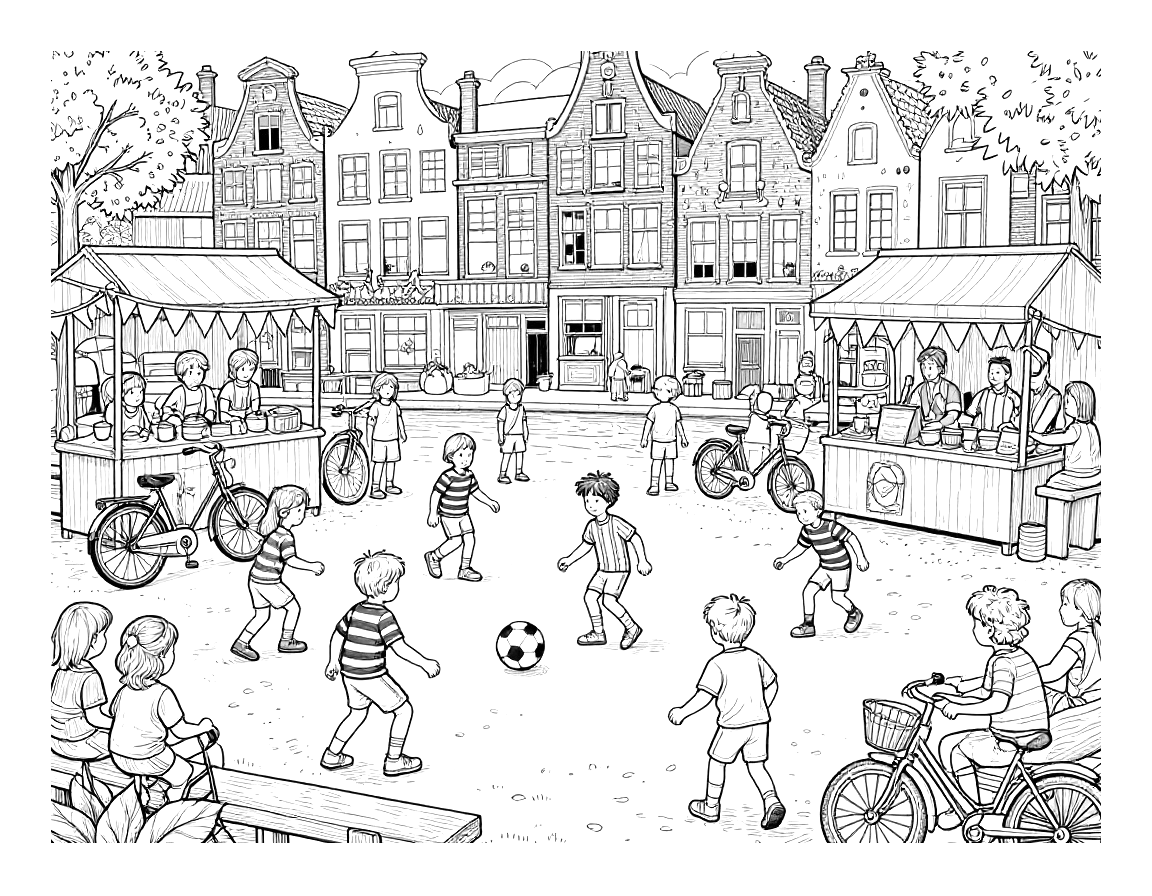 Kleurplaat van een Nederlands plein met grachtenpanden waar kinderen in gestreepte shirts voetballen, met marktkramen, vlaggetjes en fietsen eromheen.