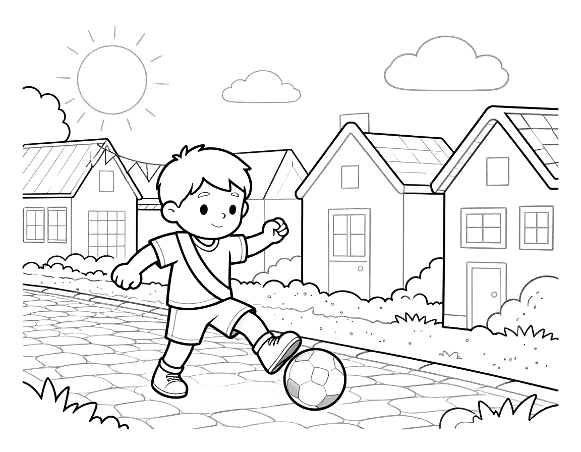 Kleurplaat van een cartoonjongen in een voetbalshirt met schuine sjerp die een bal schiet op een kinderkopjesstraat met grachtenpanden en vlaggetjes op de achtergrond.