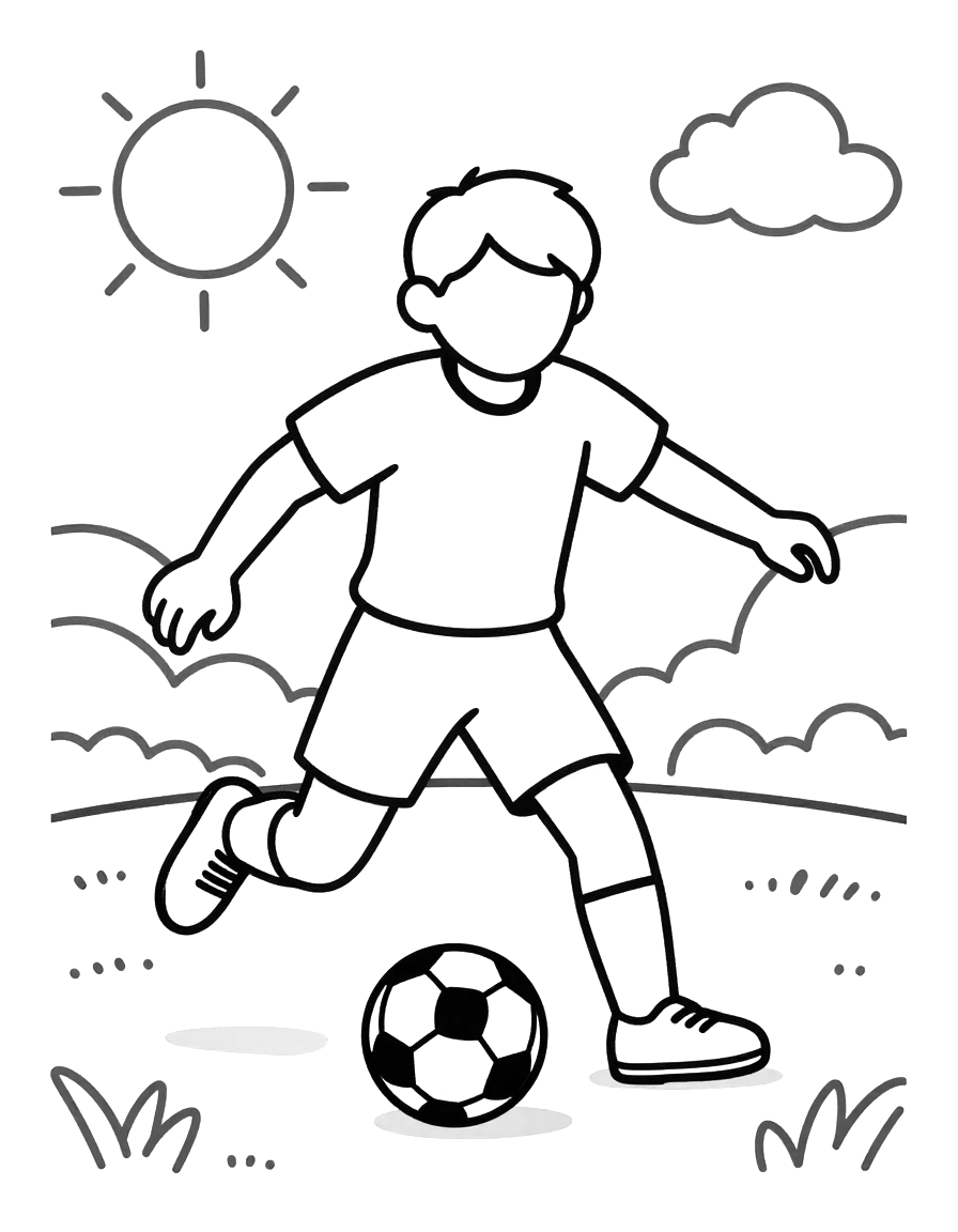 Kleurplaat van een voetballer die een bal met zijn borst controleert, met zon en wolken op de achtergrond.