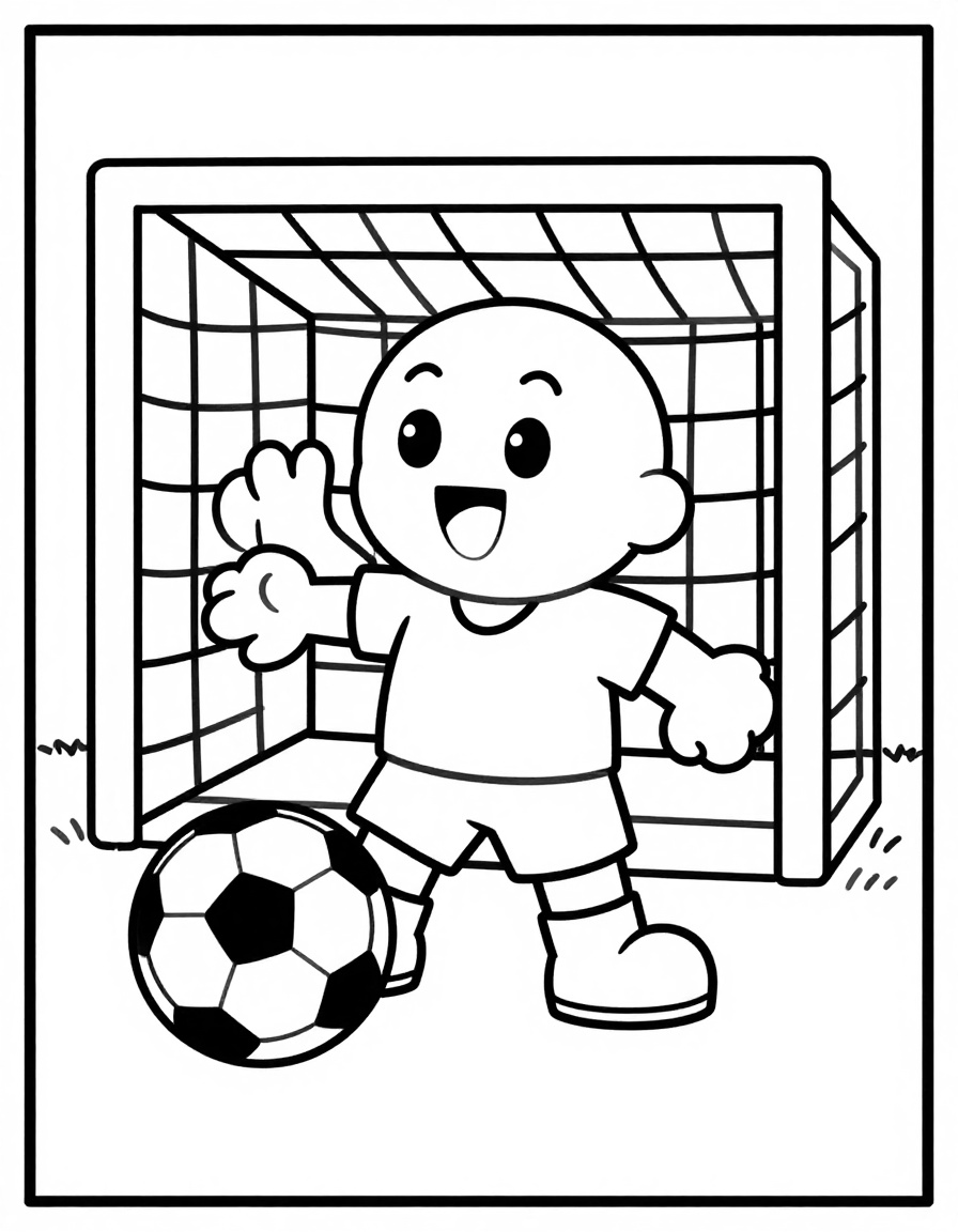 Kleurplaat van een vrolijke voetballer die zijn hand opsteekt naast een bal voor een goal.