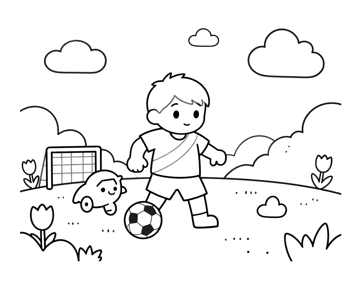 Kleurplaat van een cartoonvoetballer in oranje shirt die een bal langs een verdediger dribbelt op een grasveld met goal en tulpen