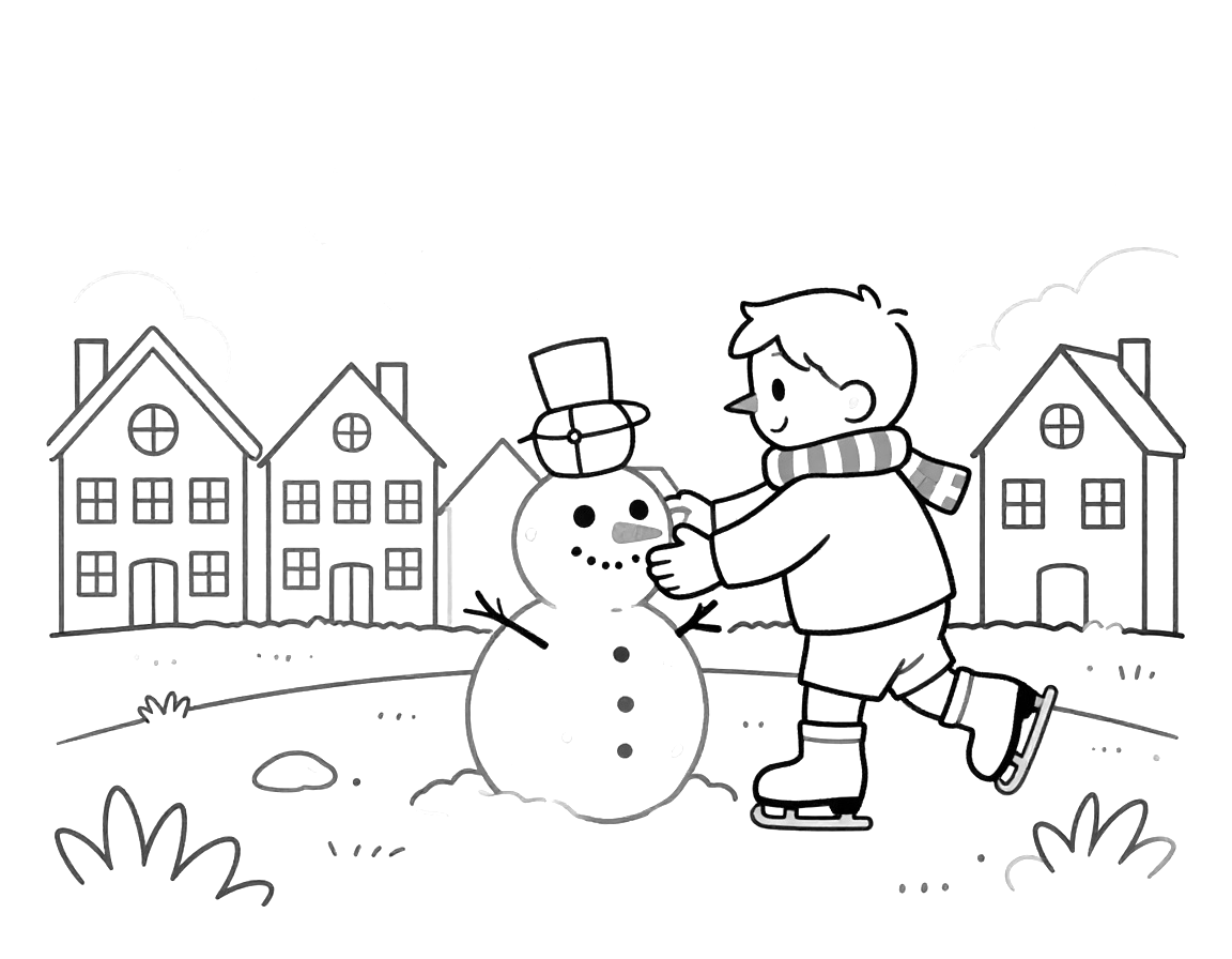 Kleurplaat van een kind op schaatsen dat een sneeuwpop met voetbalvorm en wortelneus bouwt voor Nederlandse grachtenpanden.
