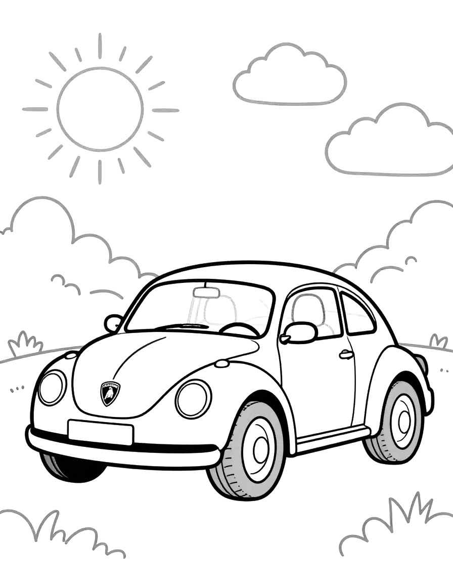 Kleurplaat van een Volkswagen Kever met een Lamborghini-achtig logo op de motorkap, geparkeerd buiten onder een zon en wolken.