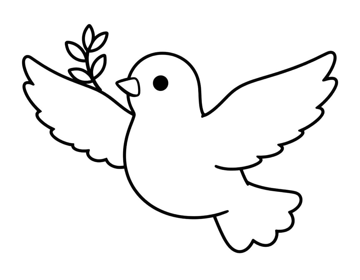 Kleurplaat van een witte duif met gespreide vleugels die een kleine olijftak vasthoudt, het symbool van Bevrijdingsdag.