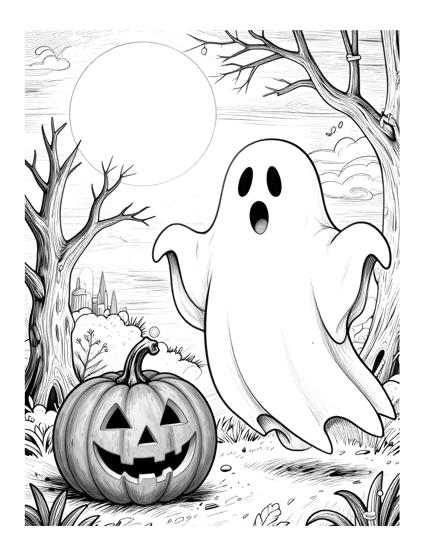 Kleurplaat van een vriendelijk zwevend spookje naast een uitgeholde pompoen en een kale boom onder een volle maan