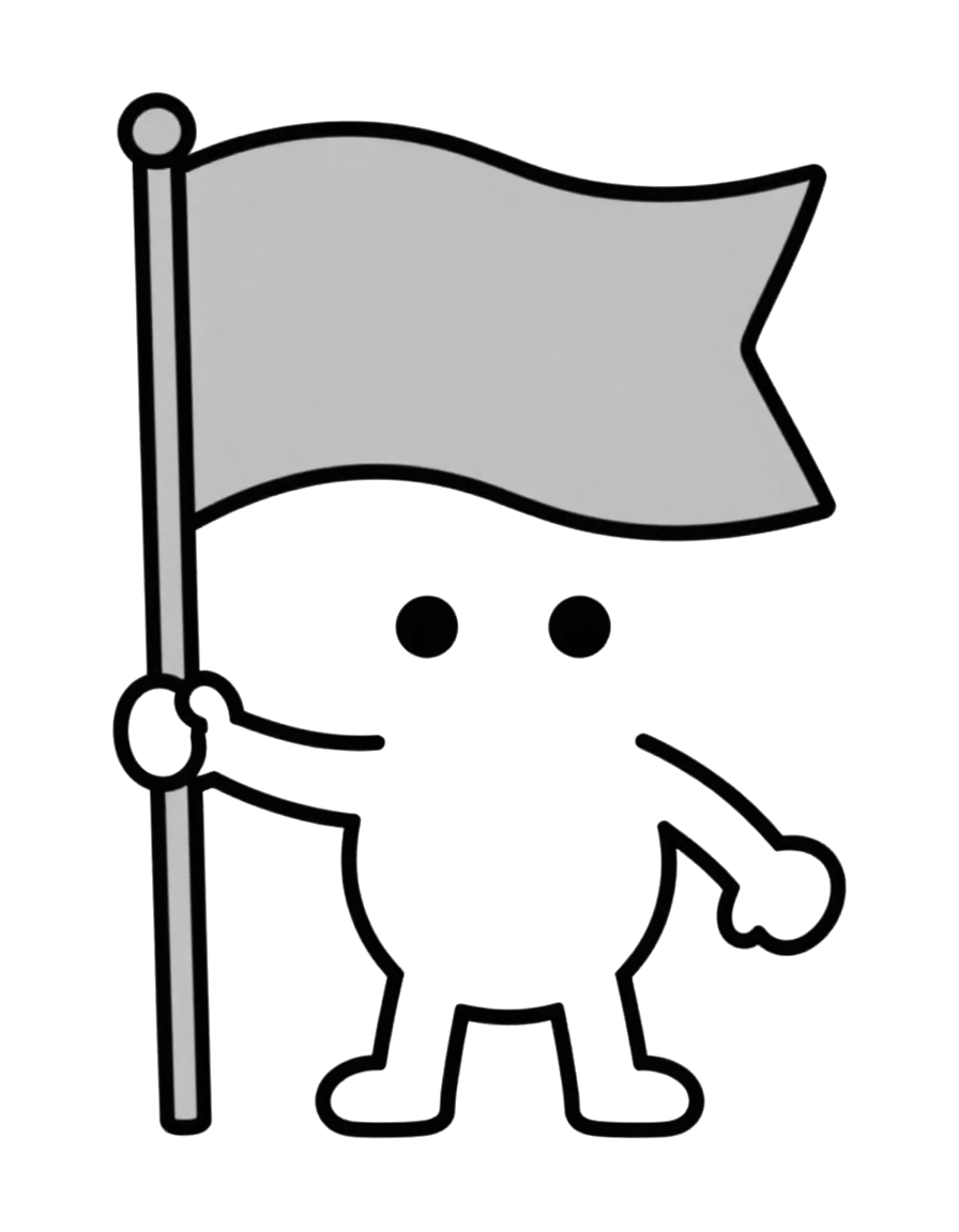 Kleurplaat van een blij figuurtje met twee ronde ogen dat een korte stok vasthoudt met daaraan een grote wapperende vlag.