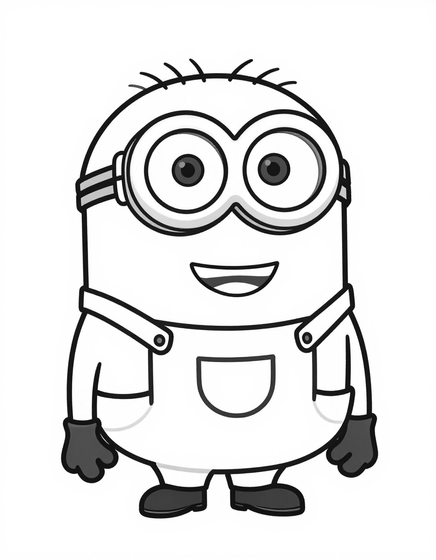 Kleurplaat van een vrolijke Minion die rechtop staat en lacht, met een bril op en een overall aan.