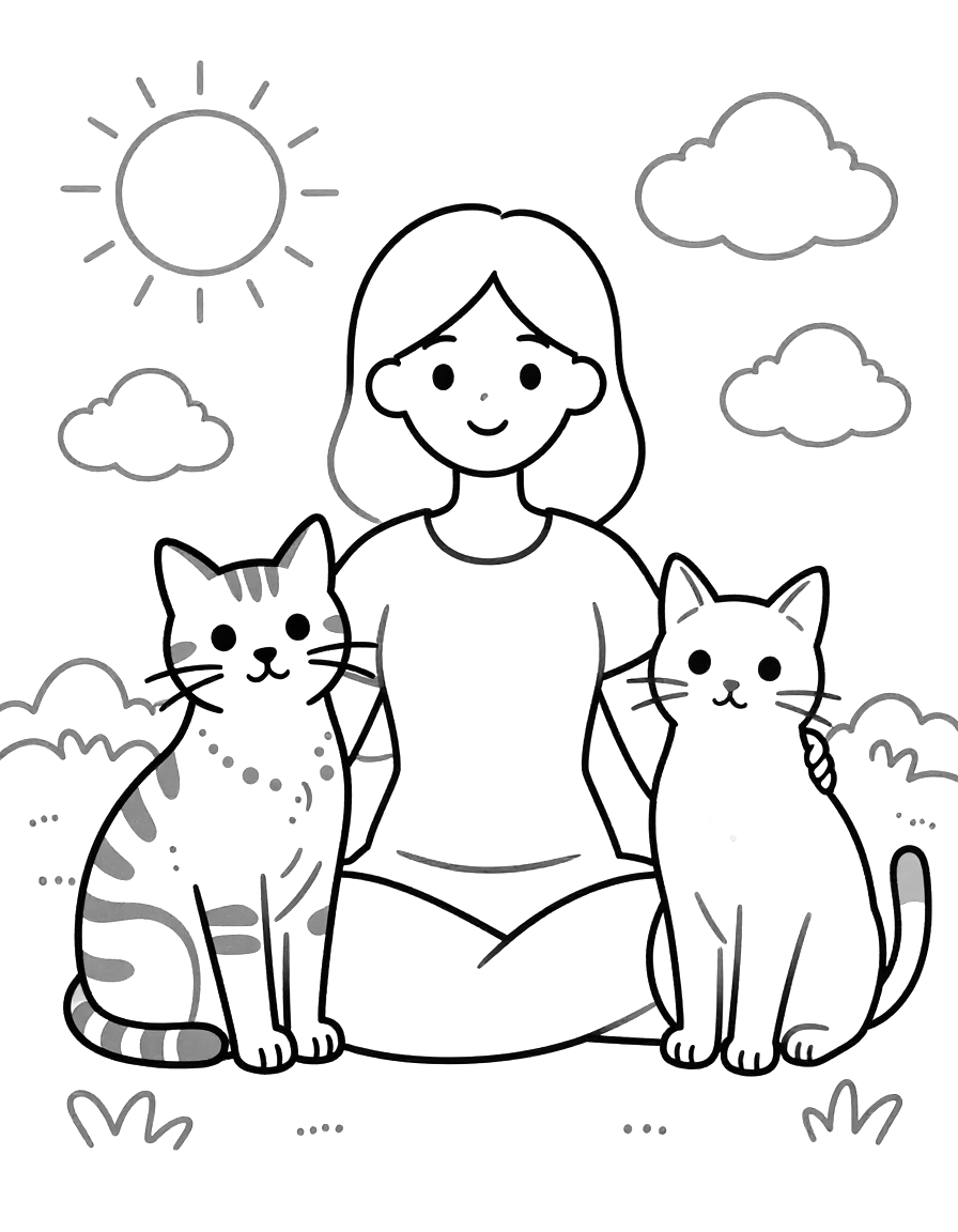 Kleurplaat van een vrouw die in het gras zit met een gevlekte kat links en een gestreepte kat rechts, onder een zon en wolken.