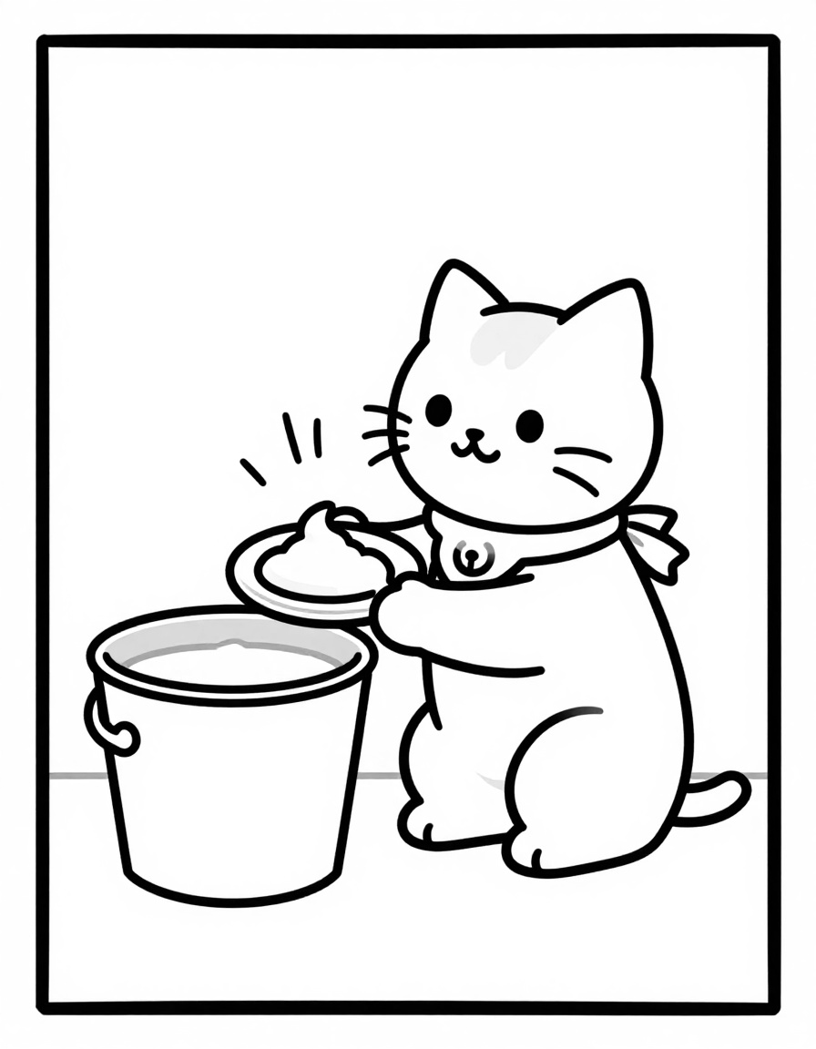 Kleurplaat van een witte kat met een belletje dat naast een emmer melk zit en een schotel room vasthoudt.