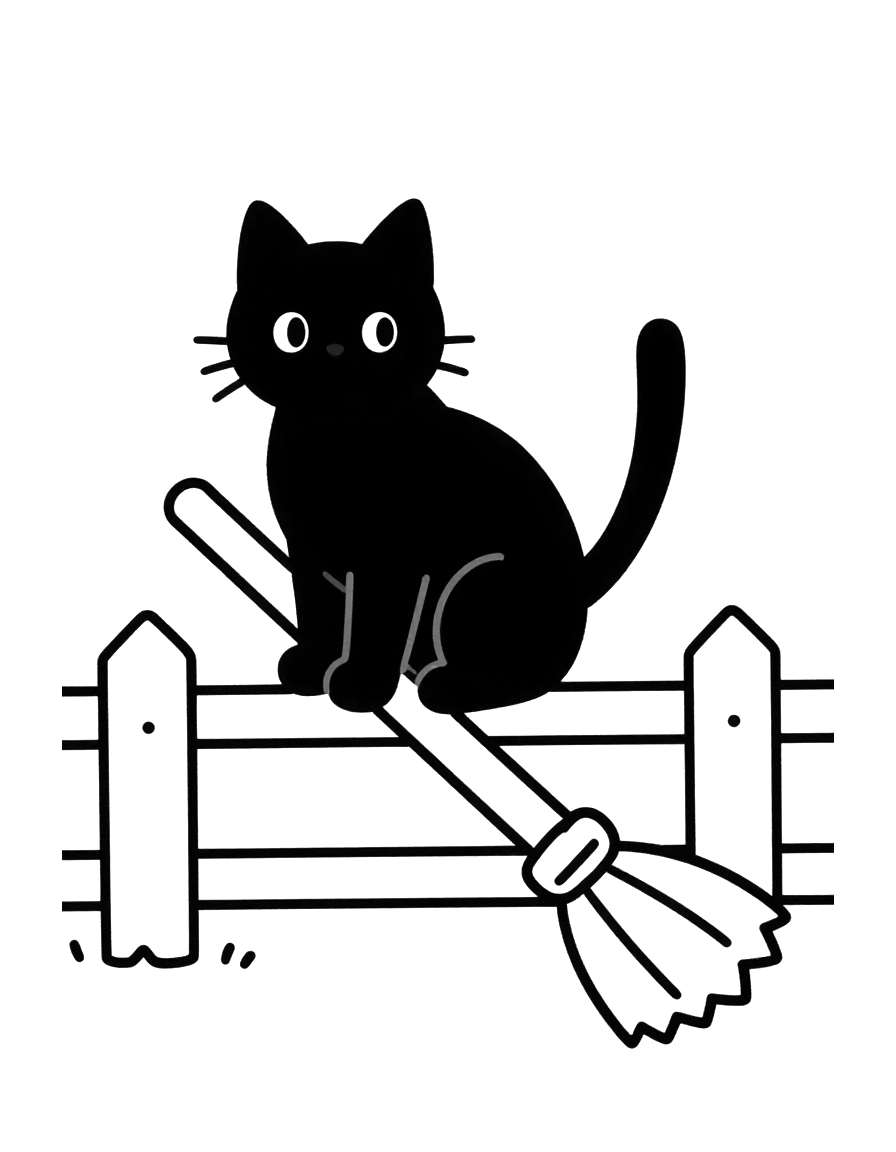 Kleurplaat van een zwarte kat met een strik die op een bezem zit die tegen een houten hek leunt.
