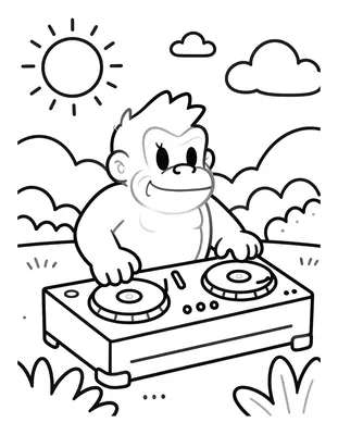 Kleurplaat van een aap die als dj achter twee draaitafels staat in een jungle met zon en wolken