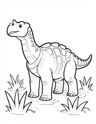 Kleurplaat van een ankylosaurus die in een moerassig gebied met hoog riet staat.