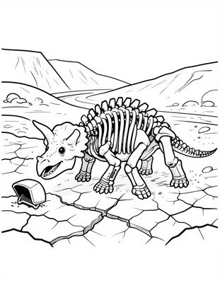 Kleurplaat van een ankylosaurus skelet met een zware staartknots op gebarsten klei naast een droge rivierbedding.