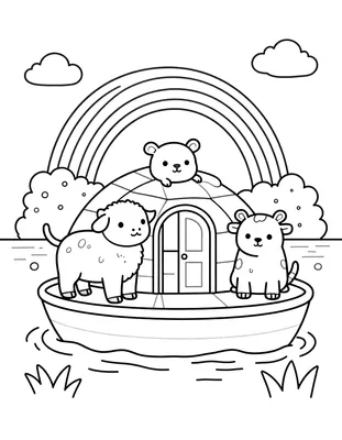Kleurplaat van een ark op het water met een schaap, een koe en een beer aan boord en een regenboog erboven