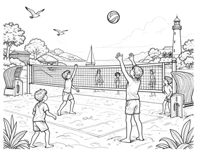 Kleurplaat van een beachtennisveld op het zand met spelende kinderen, strandstoelen, zeemeeuwen, zeilboten en een vuurtoren in de verte.
