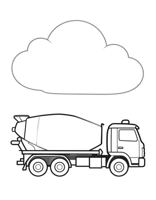 Kleurplaat van een betonmixer vrachtwagen opzij gezien, met daarboven een grote wolk.