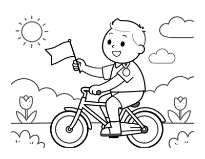 Kleurplaat van een lachend kind op een fiets dat een vlaggetje vasthoudt, met tulpen, wolken en de zon op de achtergrond.
