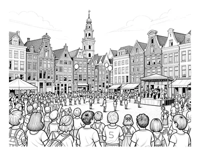 Kleurplaat van een Nederlands stadsplein op Bevrijdingsdag met een menigte, vlaggen, ballonnen, historische gevels en een band op een podium