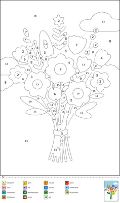 Kleurplaat van een boeket bloeiende bloemen met blaadjes en stelen, met genummerde vlakken en een kleurenlegenda onderaan.