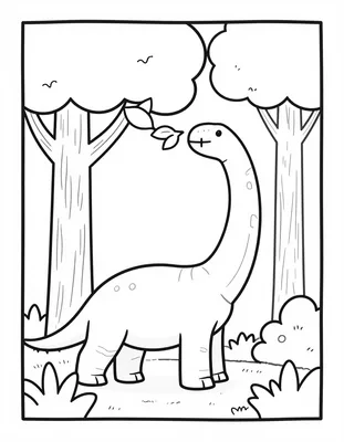 Kleurplaat van een brachiosaurus die met zijn lange nek blaadjes uit een hoge boom eet in een prehistorisch bos.